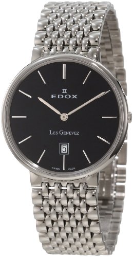エレガンス Edox Men's 27034 3 NIN Les Genevez Ultra Slim Black Dial Steel